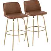Toriano 30" Swivel Bar Stool in Camel Leatherette & Gold with Round Footrest (Set of 2)
